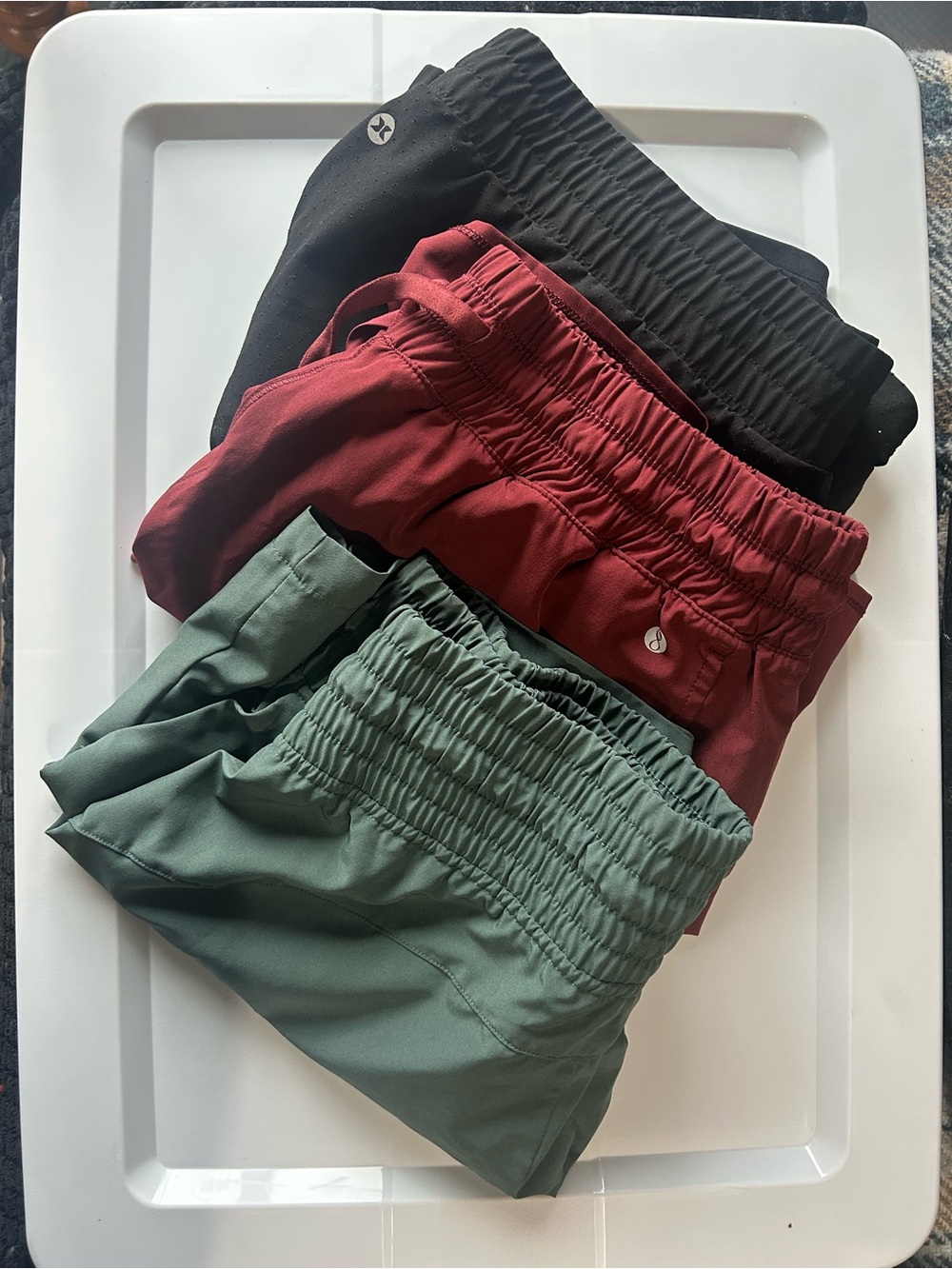 Three-Pack Athletic Shorts — Black, Burgundy & Sage Green